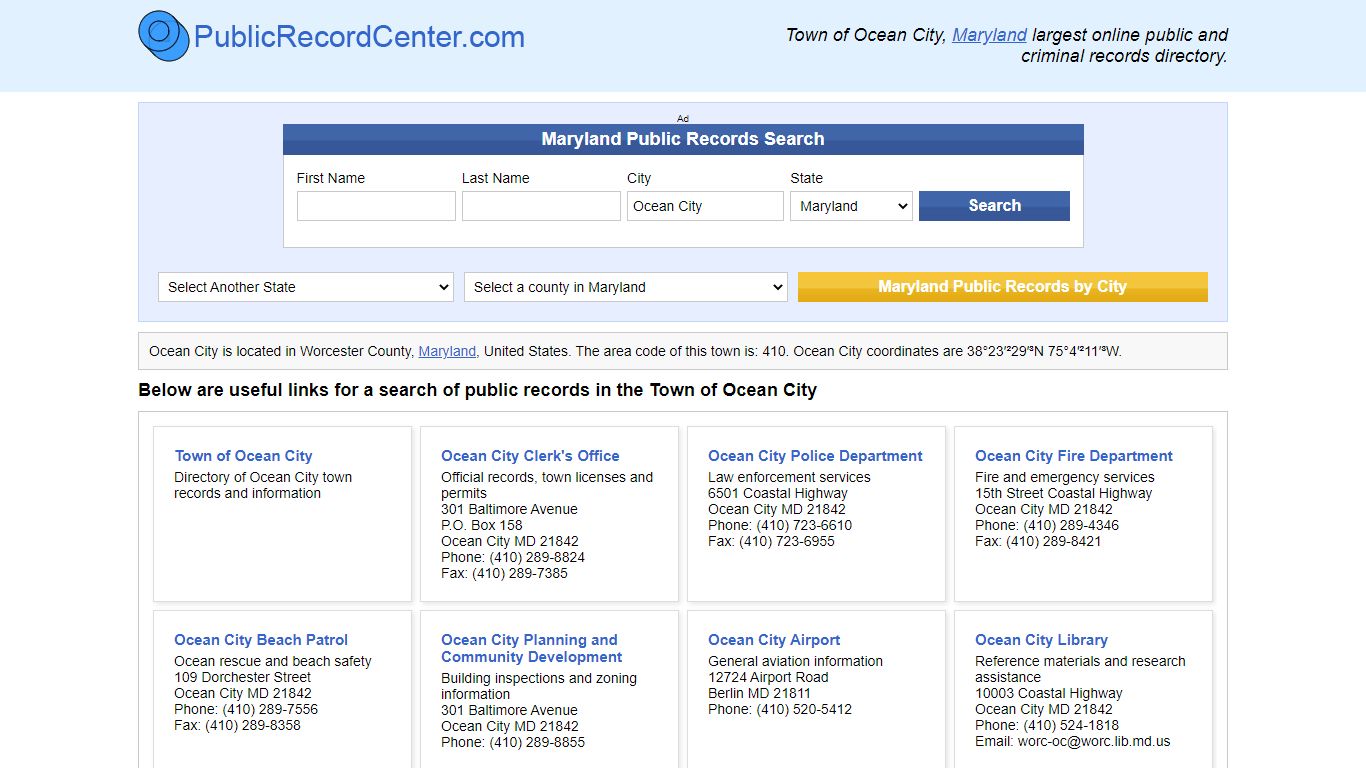 Town of Ocean City Maryland Public Records and Criminal Background Check